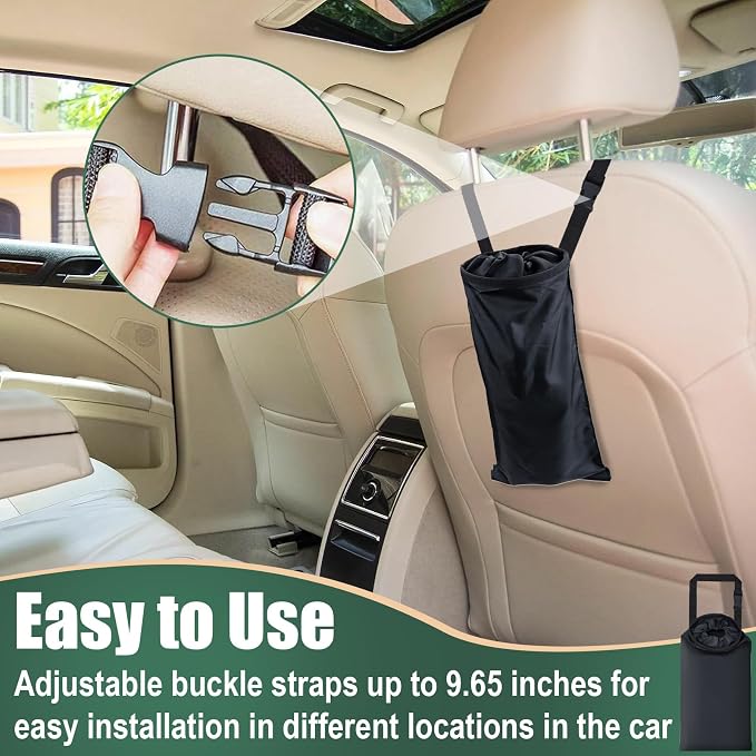 ecocstm 2 PCS Car Trash Bags, Car Accessories Washable Garbage Bag Hanging, Detachable Trash Can with Top Elastic Vent & Sticky Strap Bottom Opening, Seat Back Tash Bag for Cars,Travelling,Outdoor