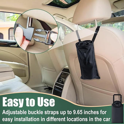 ecocstm 2 PCS Car Trash Bags, Car Accessories Washable Garbage Bag Hanging, Detachable Trash Can with Top Elastic Vent & Sticky Strap Bottom Opening, Seat Back Tash Bag for Cars,Travelling,Outdoor