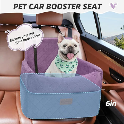 HEGGCOOE Small Dog Car Seat, Memory Foam Dog Booster Seats with Thick Cushion for Medium Dogs Under 35lbs, Detachable Washable Pet Car Seat Bed with Storage Pockets,2 Safety Belts Purple