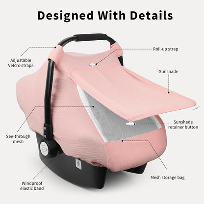 Rquite Car Seat Cover Baby, Carseat Covers Girl Boy, Breathable Muslin Cotton, Large Mesh Window, Infant Car Seat Canopy Baby Carrier Cover Stroller Sun Shade for Summer & Hot Day, Pink