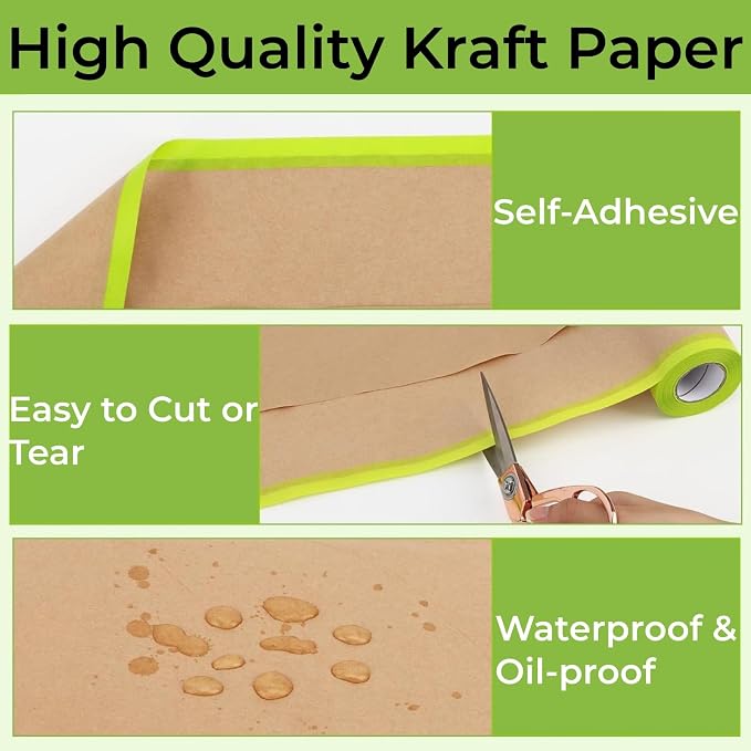 Pre-Taped Painting Masking Paper: 10 Rolls 12 Inch x 50 Feet Tape and Drape Painters Paper, Self-Adhesive Paint Protective Kraft Paper Roll