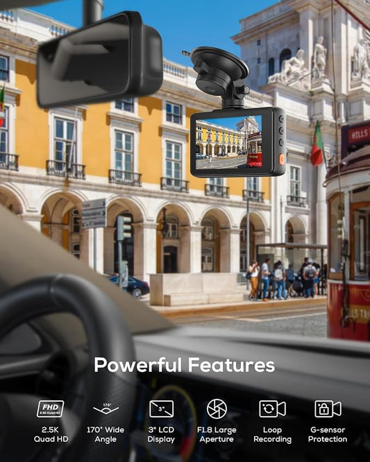 iZEEKER 2.5K Dash Cam, 1440P QHD Car Camera with 3" IPS Display, Night Vision, WDR, 170°Wide Angle, Loop Recording, G-Sensor Emergency Recording, 24H Parking Mode, Type C(No SD Card)