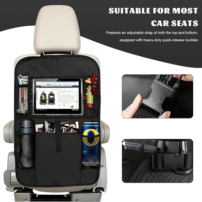 2 PCS Car Backseat Organizer, Multifunctional Seat Back Organizers with Touch Screen Tablet Holder, Waterproof Oxford Seat Back Storage Bag Kick Mats for Most Vehicles