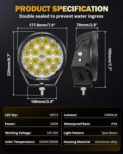 Auxbeam RAY-L Series 7 Inch Round Offroad Light with Amber White DRL 240W 25800LM LED Driving Pods Light Bar Spot Beam Spot Lights Offroad Lighting for Front Bumper