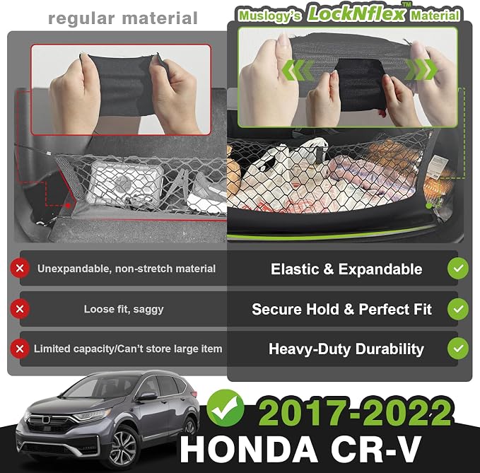 Muslogy Trunk Cargo Net Compatible with 2017-2022 Honda CR-V Accessories, SUV Sedan Cargo Organizer Storage Net with Heavy Duty Carabiners