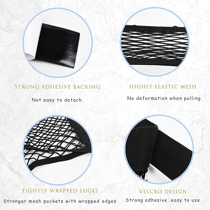 2PCS Universal Car Cargo Net with Adhesive Tape, 9.8×15.7in Trunk Storage Mesh Pocket Wall Mount Organizer Bag for Car RV SUV Boat Truck Camper Van Trailer (Black)