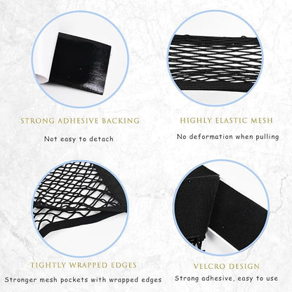 2PCS Universal Car Cargo Net with Adhesive Tape, 9.8×15.7in Trunk Storage Mesh Pocket Wall Mount Organizer Bag for Car RV SUV Boat Truck Camper Van Trailer (Black)