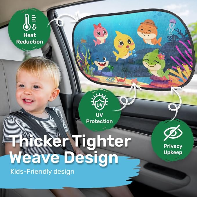 GENANY 2pcs Baby Shark Window Sun Shade for Sedan SUV Truck (21x14 Inches), Sun Shades for Side Window, Accessories for Kids, Baby Window Shades, Summer Car Decor