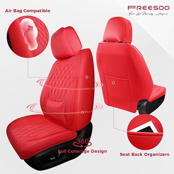 FREESOO Red Car Seat Covers Full Set - Faux Nappa Leather Seat Covers for Cars, Ultra Breathable Waterproof Front Seats Protector with Lumbar Support, Universal Fit for Automotive Sedan SUVs Pickups