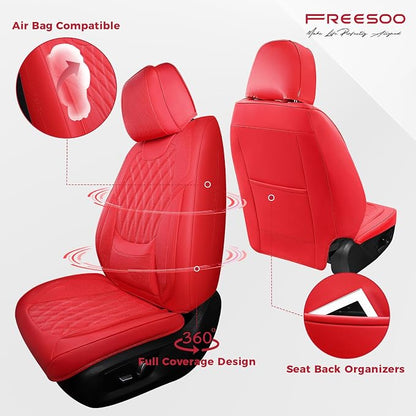 FREESOO Red Car Seat Covers Full Set - Faux Nappa Leather Seat Covers for Cars, Ultra Breathable Waterproof Front Seats Protector with Lumbar Support, Universal Fit for Automotive Sedan SUVs Pickups