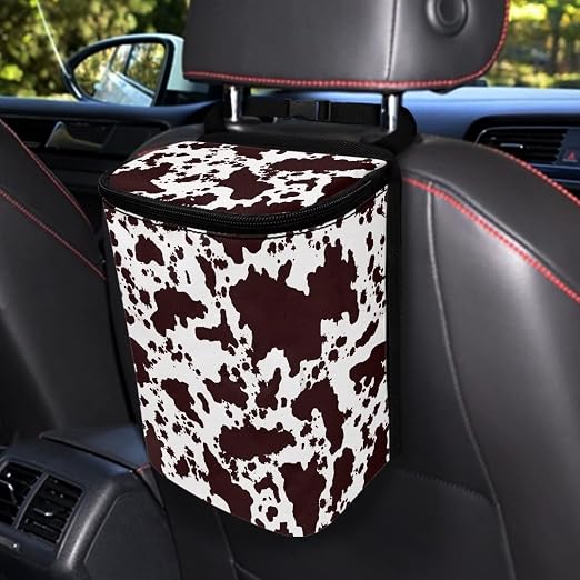 Brown Cow Print Trash Can for Car Portable Garbage Bag with Lid and Zipper Interior Auto Accessories Portable Trash Bin Hanging Backseat Cute Cowhide Multipurpose Multipurpose Trash Bags