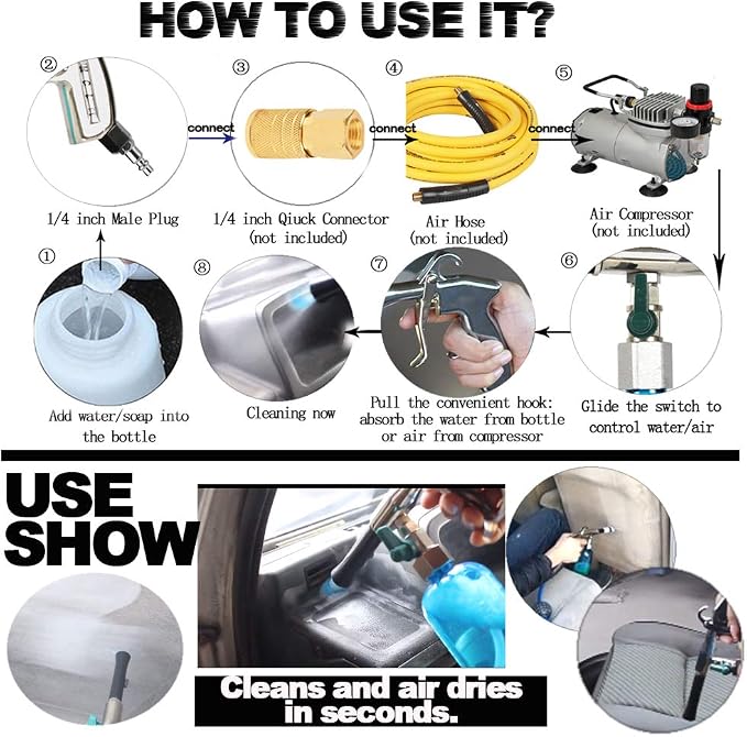 Car Cleaning Kit, Car Cleaning Gun, Car interior Cleaner, Pneumatic Car Wash Gun Spray Gun, Car Detailing Kit, Dust Remover/Upholstery Cleaner, Car Care Essentials (1/4'' NPT Air Plug)