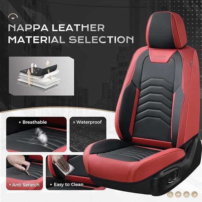 Coverado Seat Covers, Front and Back Seat Covers for Cars, Car Seat Cover, Car Seat Protector Waterproof, Car Seat Cushion Faux Leather, Seat Covers Carseat Cover Universal Fit for Most Cars Red&Black