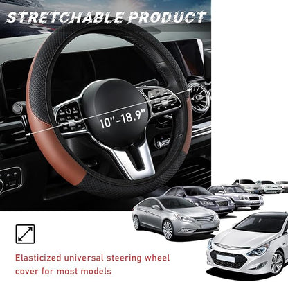 povtii Car Steering Wheel Cover, 15 Inch Leather Breathable Auto Steering Wheel Protector, Comfortable Non-Slip Vehicle Steering Wheel Covers, Universal Interior Car Accessories (Black+Coffee, AD)