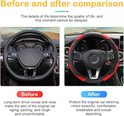 Osilly Car Steering Wheel Cover, 15 inch Carbon Fiber Microfiber PU Leather Elastic Steering Wheel Protector for Men Women, Anti-Slip Breathable Car Interior Accessories for Most Cars (Red)