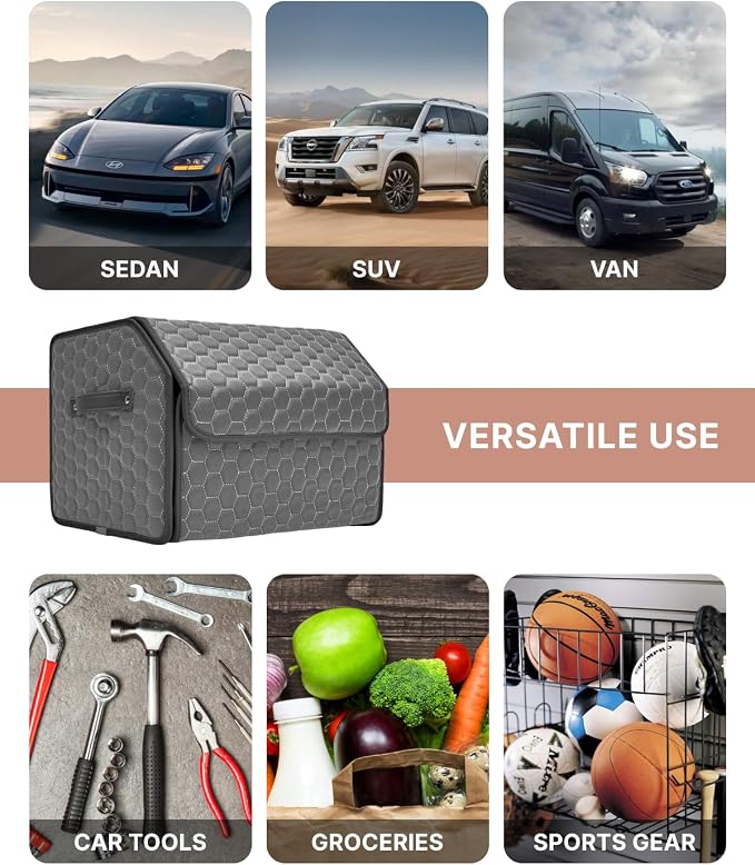 Owleys Foldable Trunk Organizer for Car - Collapsible Auto Trunk Organizer with Lid - Small and Large Cargo Organizer - Trunk Storage Box with 2 Compartments - Gray 17
