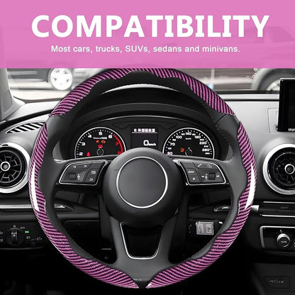 3pcs Universal Carbon Fiber Steering Wheel Cover - Anti-Slip & Segmented Design, Universal 99% Durable Steering Wheel Protector for Men and Women, Car Interior Accessory (Pink)