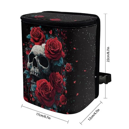Skull Red Roses Pattern Car Trash Can with Lid and Zipper Portable Foldable Trash Bin for Car Interior Accessories Multipurpose Garbage Can Bags Storage Organizer Halloween Decor