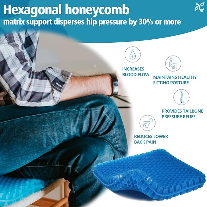 Seat Cushion, 1.8" Double Thick Cooling Egg Gel Seat Cushions for Long Sitting, Strong Support, Sciatica & Back Pain Relief, Breathable Cool Suitable as Office Chair, Car Seat, Wheelchair Cushion