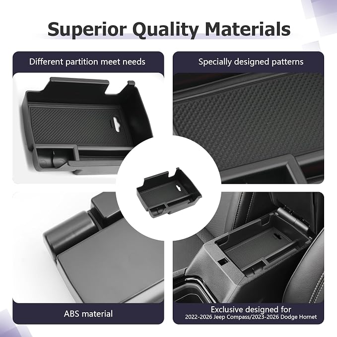 LUWU Center Console Organizer Compatible with Jeep Compass 2021-2025/Dodge Hornet 2023-2026 Accessories Armrest Console Storage Box Insert Tray ABS Material Coin Container Black