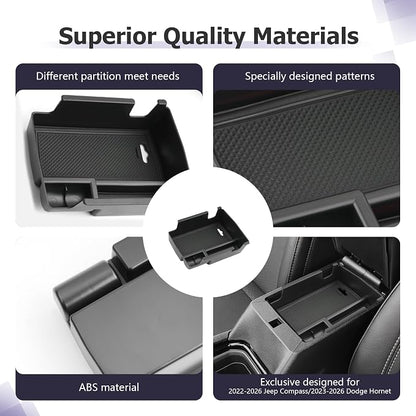 LUWU Center Console Organizer Compatible with Jeep Compass 2021-2025/Dodge Hornet 2023-2026 Accessories Armrest Console Storage Box Insert Tray ABS Material Coin Container Black