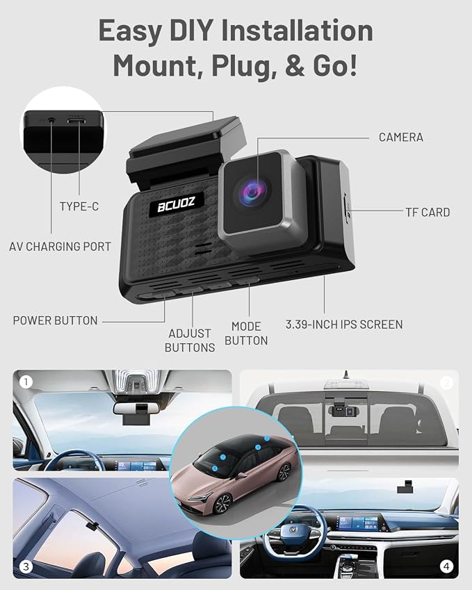 BCUOZ 4K Dual Dash Cam Front and Rear, GS200 170° Wide Angle Night Vision with 3.39” IPS Touchscreen, WiFi App Control, Night Vision, G-Sensor Loop Recording, 64GB Card Included Parking Monitoring