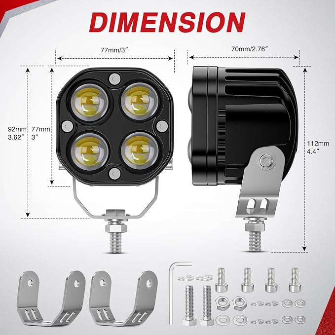 Nilight 7/8" Handlebar Motorcycle LED Driving Light Pod 2PCS 3 Inch 40W White Amber Dual Color Spot Beam Fog Auxiliary Offroad Lighting with 16AWG Wiring Harness for 12V Motorbike Dirt Bike e-Bike
