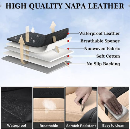 Coverado Car Seat Covers Full Set, Seat Covers for Cars, Automotive Seat Covers, Waterproof Nappa Leather Front Seats and Back Car Seat Protector, Universal Fit for Most Cars SUV Trucks,Black&Beige