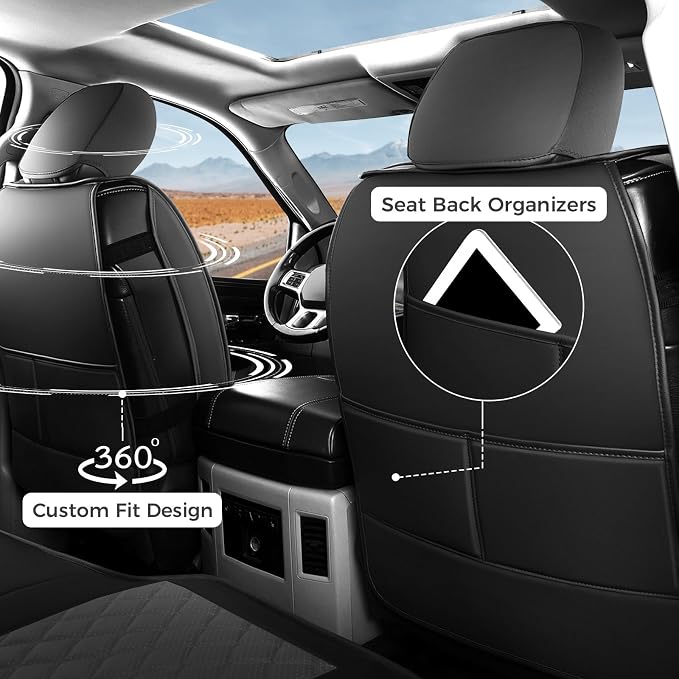FREESOO Car Seat Covers Full Set for Dodge Ram 2002-2018 1500 & 2011-2026 2500 3500 Crew Quad Cab, 2019-2024 Ram 1500 Classic Leather Seat Cover, with Curved Bench, Black Grey