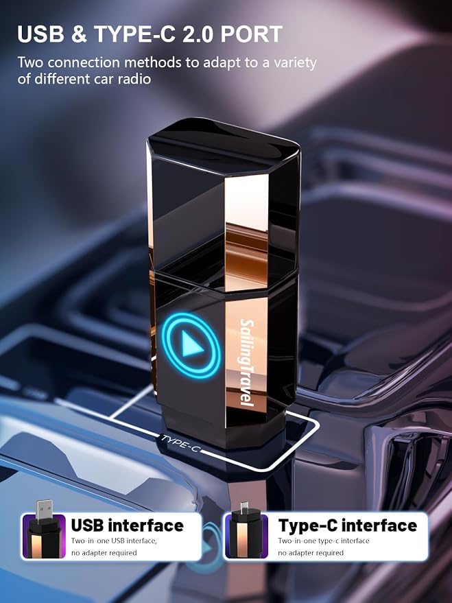 Lipstick Series (Built-in Magnet) Wireless Carplay/Android Auto Adapter for iPhone&Android Phone,Convert Wired to Wireless Dongle Adapter, Mini Size with USB&Type-C 2.0, Stable Control & No Delay