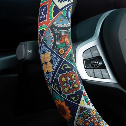 Mexican Talavera Tiles Style Steering Wheel Cover Auto Steering Wheel Protector, Anti-Slip, Breathable, Absorbing Sweat, Universal Mexican Car Accessories 14.5–15 inch,Fit for Most Car, Trucks, SUV