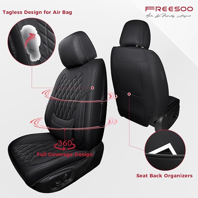 FREESOO Black Car Seat Covers Full Set - Faux Nappa Leather Seat Covers for Cars, Ultra Breathable Waterproof Front Seats Protector with Lumbar Support, Universal Fit for Automotive Sedan SUVs Pickups