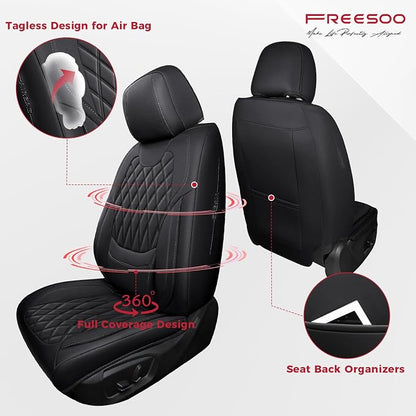 FREESOO Black Car Seat Covers Full Set - Faux Nappa Leather Seat Covers for Cars, Ultra Breathable Waterproof Front Seats Protector with Lumbar Support, Universal Fit for Automotive Sedan SUVs Pickups