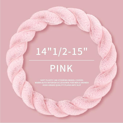 HighnessHwoo Luxury Fluffy Winter Car Steering Wheel Cover for Women Soft Warm Plush Cute Auto Accessories for Vehicle, Sedan, Universal, Fuzzy, Anti Slip, Pink, Standard Size, 14.75-15.15"