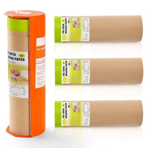 Tangibay Pre-Taped Masking Paper with Dispenser - 18" x 66' Painters Paper and Tape for Painting House, Auto Body, Cars (1 Dispenser 4 Refills)