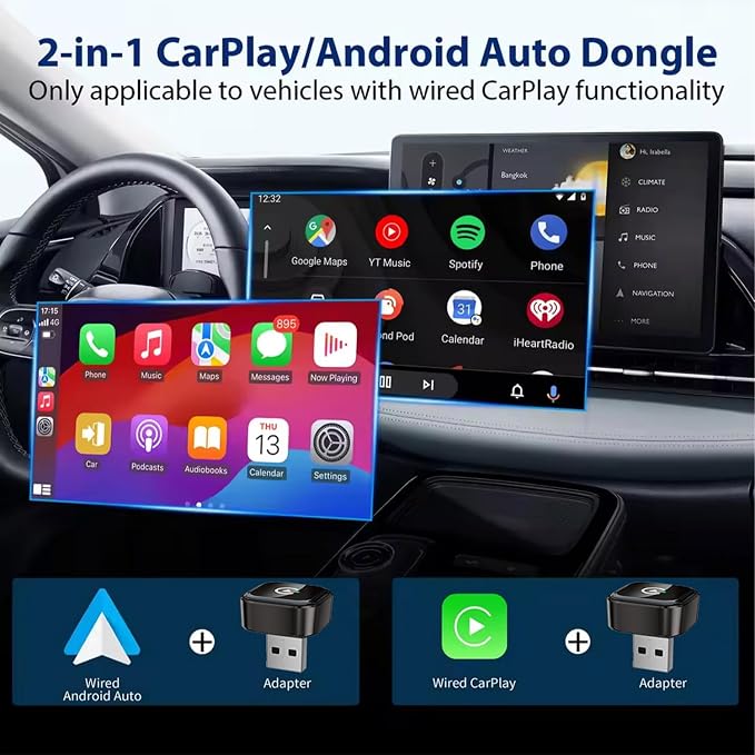 Car Wireless CarPlay Adapter for iPhone Mini Plug and Play for with Factory Wired Apple CarPlay, Fast & Stable Connection, Wide Vehicle Compatibility USB & USB C Android Auto