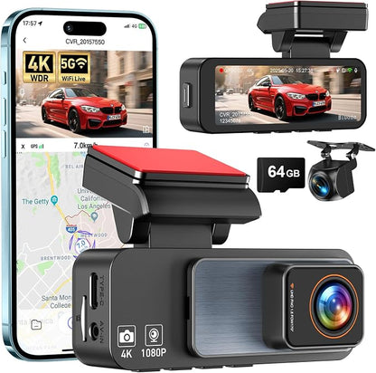 Dash Cam Front and Rear, 4K Dash Camera for Cars Built-in 5G WiFi & GPS, 3.2" IPS Screen Dash Cam W/ 64GB Card, Dual Dashcam W/G-Sensor, Loop Recording, WDR, Night Vision,24H Parking Monitor