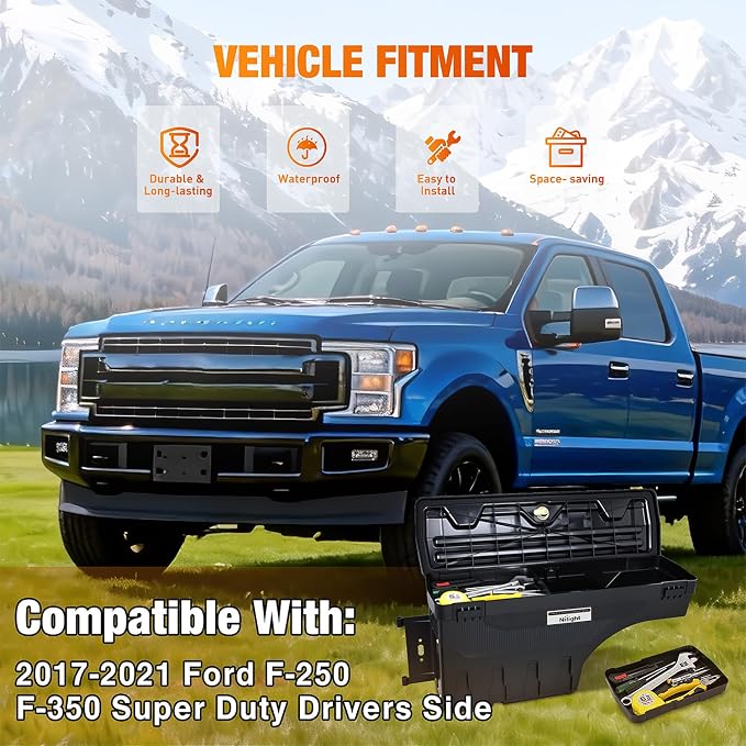 Nilight Truck Bed Tool Box Left Drivers Side Truck Tool Box Fit for Ford F-250/350 Super Duty 2017-2021 ABS Swing Case Truck Bed Storage Box with Lockable Lid Waterproof Wheel Well Toolbox Black