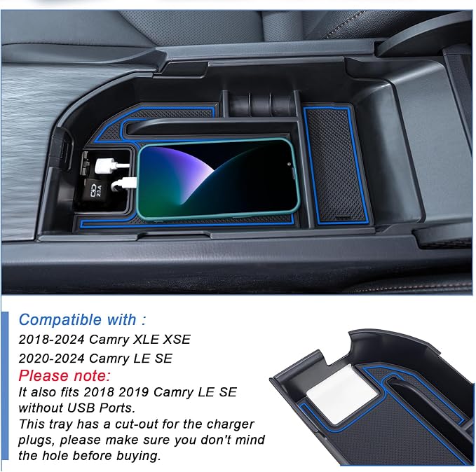 TOPINSTALL Blue Center Console Tray Compatible with 2018-2024 Toyota Camry XLE XSE and 2020-2023 2024 Camry LE SE with Dual USB Ports, Interior Accessories Armrest Console Organizer (Not for 2025)