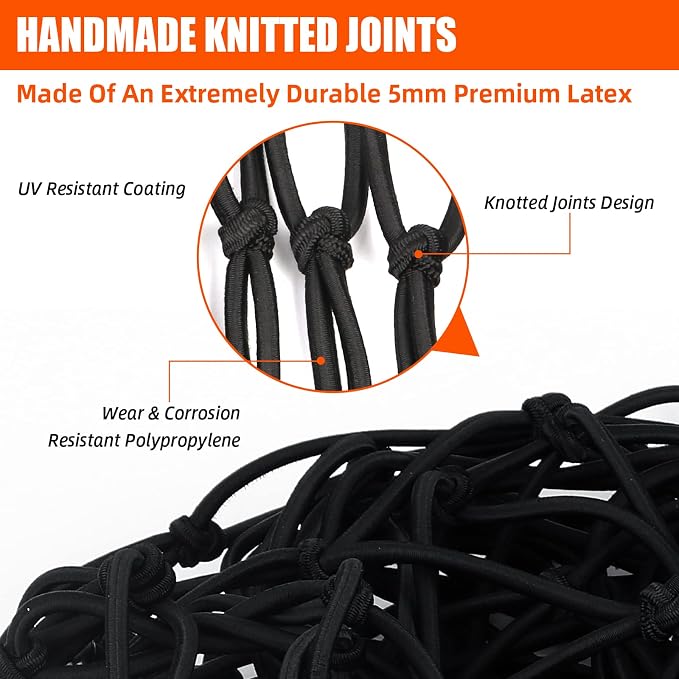 5’ x 7'Cargo Net for Pickup Truck Bed Stretches to 10' x 14' Heavy-Duty, Mesh Square Latex Bungee Netting with 14 Metal Carabiners + 14 Hooks- Compatible with Ford, Dodge RAM, Chevy, Toyota