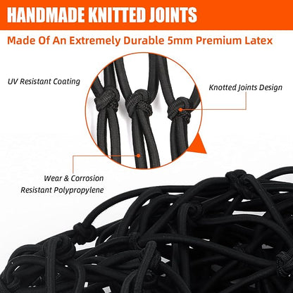 5’ x 7'Cargo Net for Pickup Truck Bed Stretches to 10' x 14' Heavy-Duty, Mesh Square Latex Bungee Netting with 14 Metal Carabiners + 14 Hooks- Compatible with Ford, Dodge RAM, Chevy, Toyota
