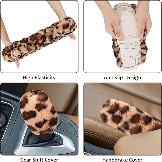 Accmor Fluffy Car Steering Wheel Cover, Leopard Fuzzy Vehicle Wheel Cover for Women Non-Slip Furry Warm Steering Wheel Protector with Cute Ears, Car Accessories 15 inch Universal Fit Auto, Suvs, Truck