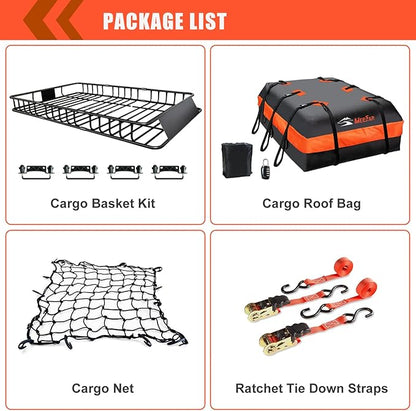 Roof Rack Cargo Carrier Basket 65"*39"*6"+Waterproof Bag 20 Cubic Feet(51"*40"*17"),and Cargo Net with Attachment Hooks,Ratchet Straps.200 Lbs Capacity,Universal Rooftop Large Size Roof Rack Update