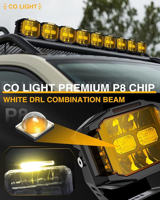 CO LIGHT 5 Inch Amber 130W LED Cube Pods Offroad Driving Light with Side Shooter 11533LM Super Bright Square Offroad Lights with 270°Combo Beam Ditch Light Amber DRL for Offroad ATV Truck Pickup
