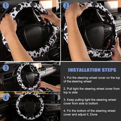 Cow Print Steering Wheel Cover with Silicone Inner Ring, Non-Toxic, Odorless Silicone Leather with Non-Fading Cow Pattern for Men Women, Universal 14.5 to 15 Inch (Cow Print)