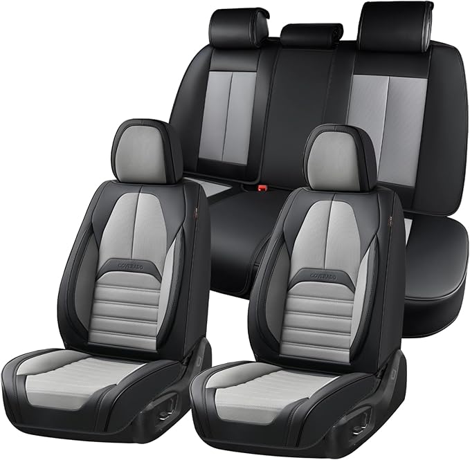 Coverado Car Seat Covers Full Set, Seat Covers for Cars, Automotive Seat Covers, Waterproof Nappa Leather Front Seats and Back Car Seat Protector, Universal Fit for Most Cars SUV Trucks,Black&Gray