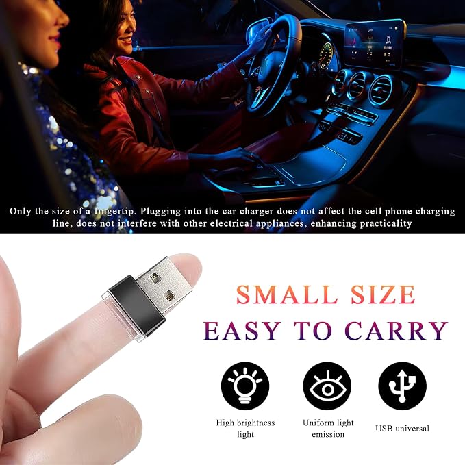 Yourkar 4 PCS USB LED Car Interior Atmosphere Lamp, Plug-in USB Interface Trunk Ambient Lighting Kit, Night Led Decoration Mini USB Light, Universal Interior Car Accessories (White+Red)