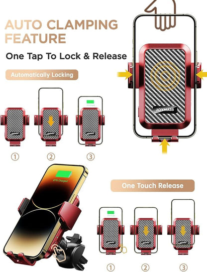 JOYMASS Wireless Car Charger, 15W Fast Charging Auto Clamping Car Charger Cell Phone Holder Mount Vent for iPhone 15 14 13 12 Mini Pro Max 11 XR, Samsung Galaxy S23 Ultra S22 S21+ Note 20, etc - Red