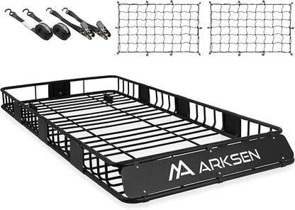 ARKSEN 84" x 39" x 6" Roof Rack Basket with Extension, 2 Cargo Net & Ratchet Straps, 150 lb Heavy-Duty Steel Cargo Carrier, Fits Crossbars up to 1.38" Thick, for SUV & Pickup Truck