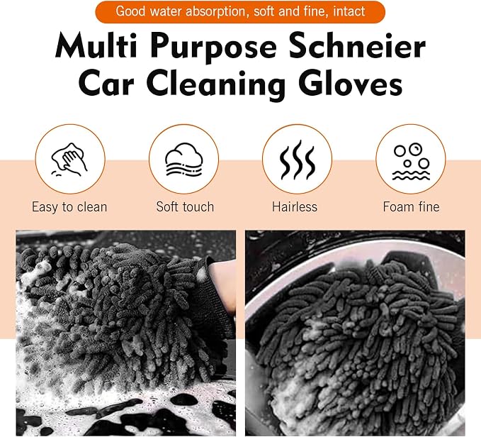 2 PCS Chenille Car Wash Mitt, 5.51" x 9" Premium Microfiber Ultra-Soft Scratch-Free Glove, Double-Sided High Absorbency Car Detailing Mitt, Universal for Most Cars (Black)